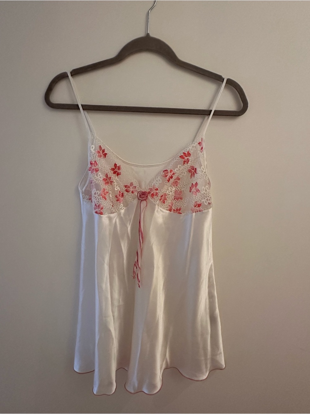 White Satin Chemise with Pink Floral Lace